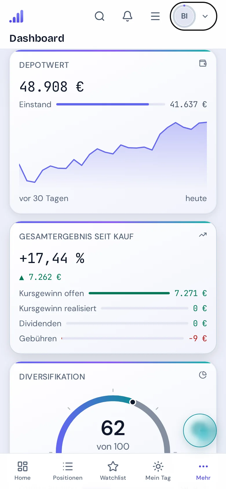 Das Dashboard von depiq auf dem Handy mit einem Beispieldepot.